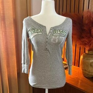 VTG 00s Aeropostale Womens Gray Embroidered Logo Henley Top 3/4 Sleeve Size L